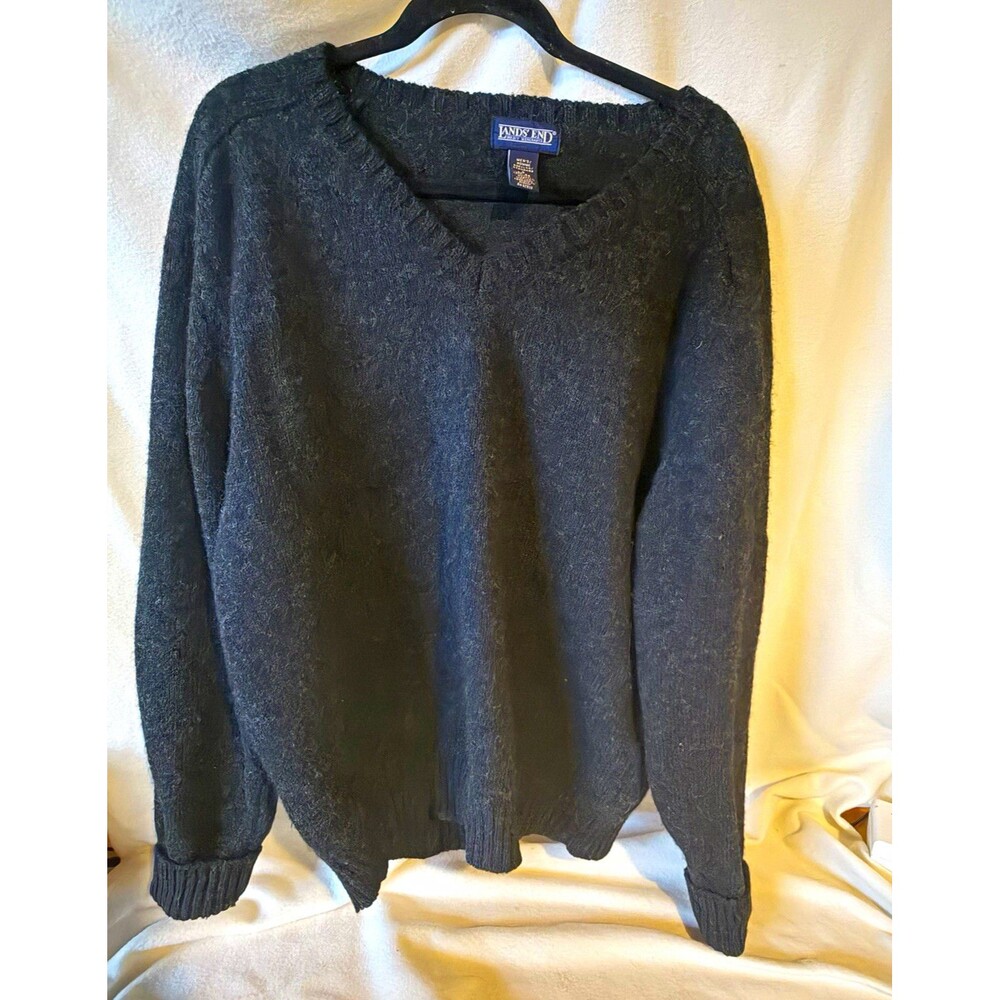 Lands' End Mens Wool Knit Ribbed V-Neck Pullover Sweater Solid Black